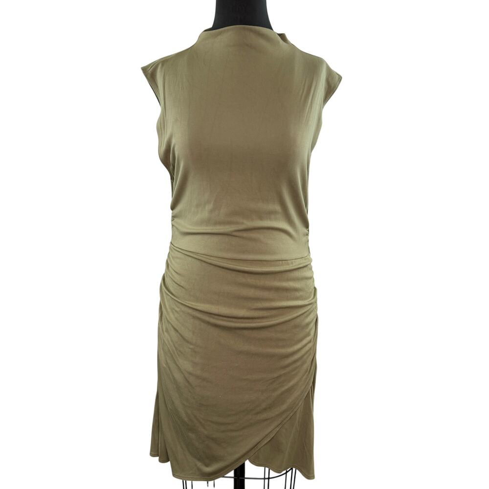 Wilfred Olive Green Bodycon Mini Dress Stretch Mock Neck Ruched Side L Large